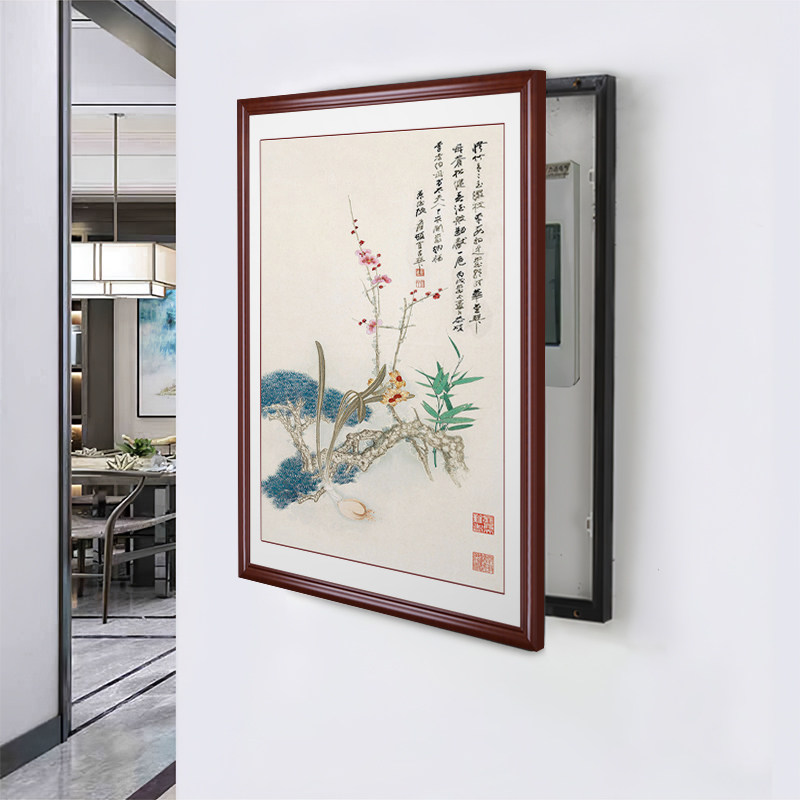 电表箱装饰画免打孔竖款遮挡箱配电箱餐厅电闸新中式液压客厅壁画