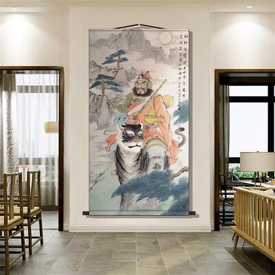 财神黑虎赵公明画像道家书房玄关客厅装饰字画沙发背景墙丝绸挂画