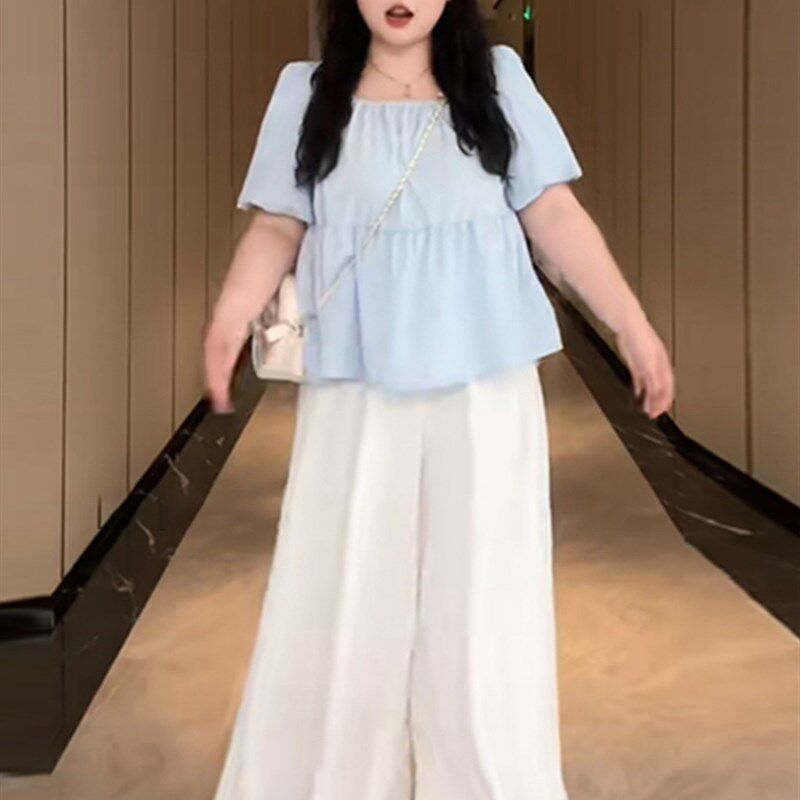 白色飘逸雪纺阔腿裤女夏季大码高腰宽松显瘦A字长裙休闲大摆裙裤