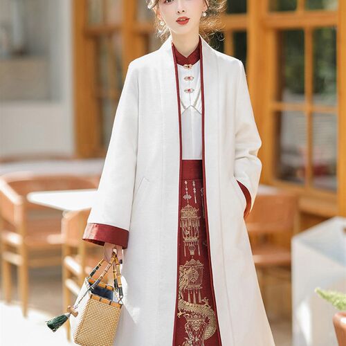 汉服大衣外套中国风外披中长款绣花披风小袖外搭常规袖日常秋冬女