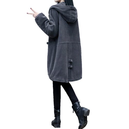 2021冬季新款复古灯芯绒棉衣中长款宽松显瘦连帽保暖棉服外套女装