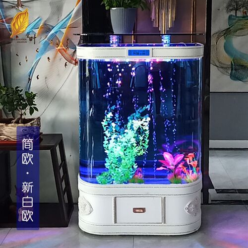 新双圆角鱼缸中式轻奢落地靠墙客厅生态水族箱中小型免换水金鱼缸