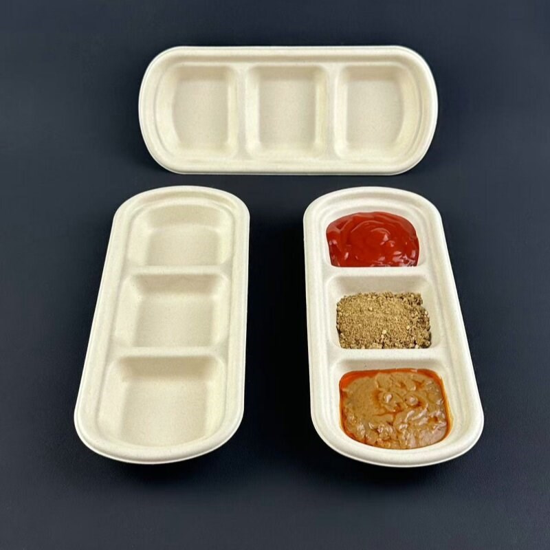 一次性纸浆韩式烤肉三格蘸料碟酱料盒烤肉商用餐具味碟火锅调料盘