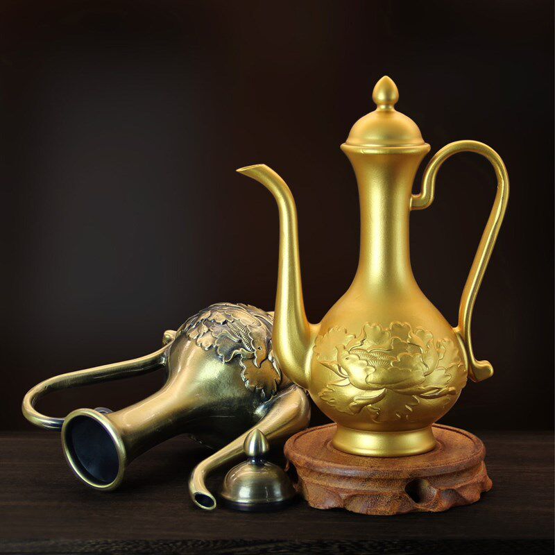纯铜酒壶中式仿古供奉酒壶龙凤铜器道具老酒壶家用婚庆酒具摆件