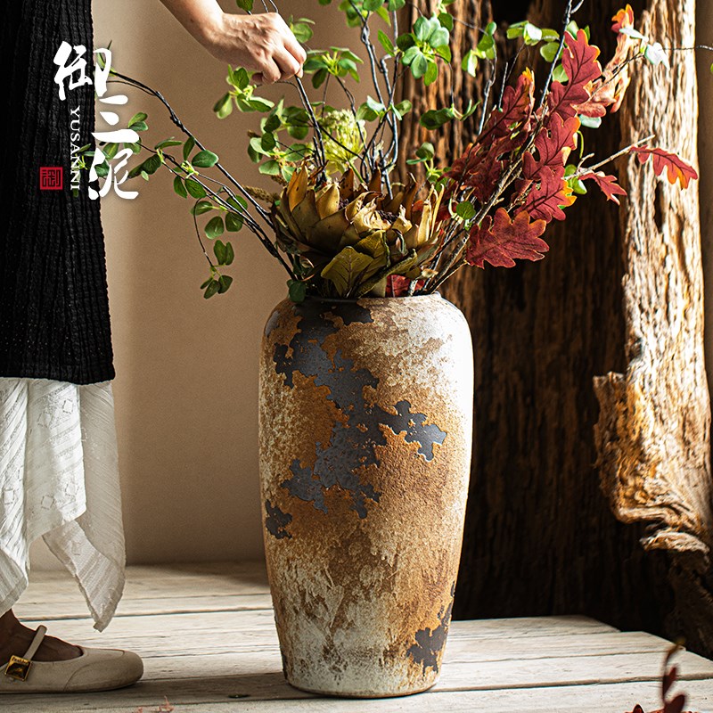 御三泥复古陶瓷花瓶客厅插花摆件民宿酒店大号落地粗陶侘寂风陶罐
