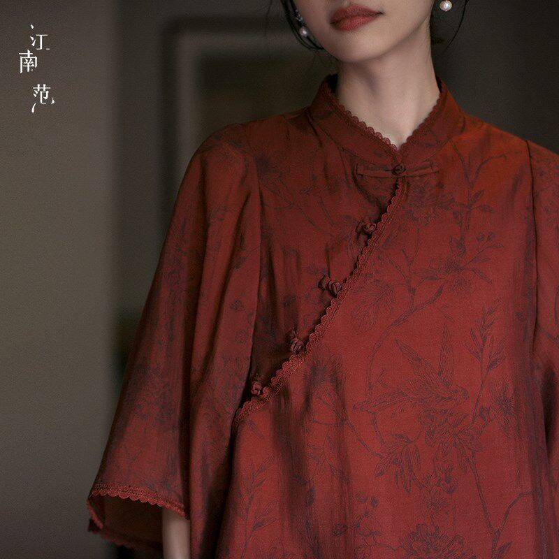 江南范新式红色改良倒大袖旗袍上衣2024年夏季年轻款百搭茶服小衫
