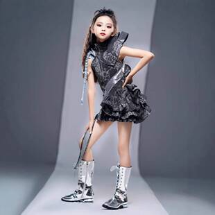 2026新款女童朋克风拉链连体裙我是龙赛服9黑色立体花边走秀服潮