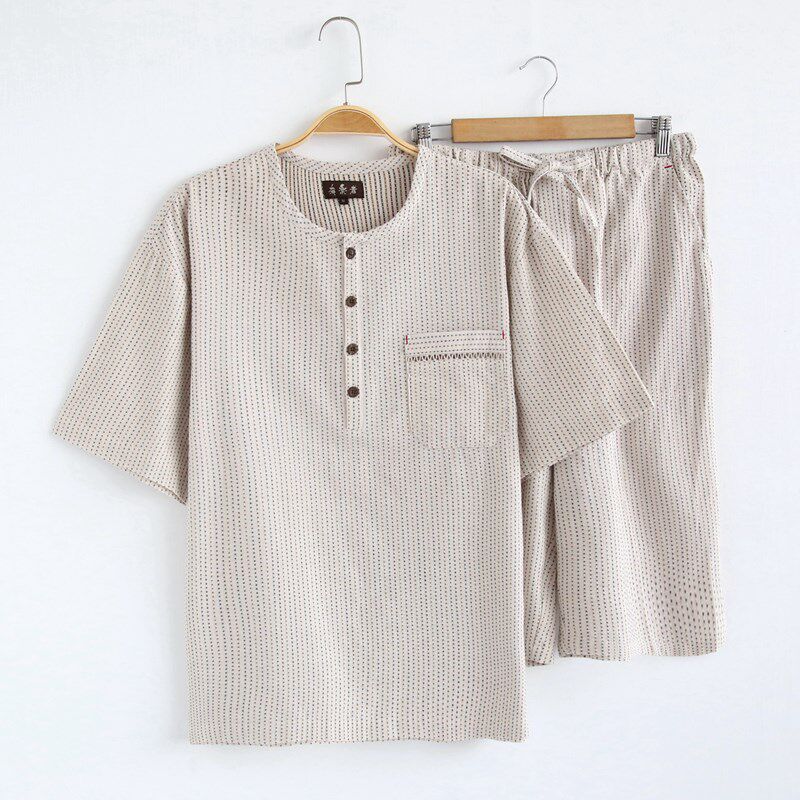 日单全棉男士日式低领短袖睡衣套装爸爸薄款中老年人家居服加肥大