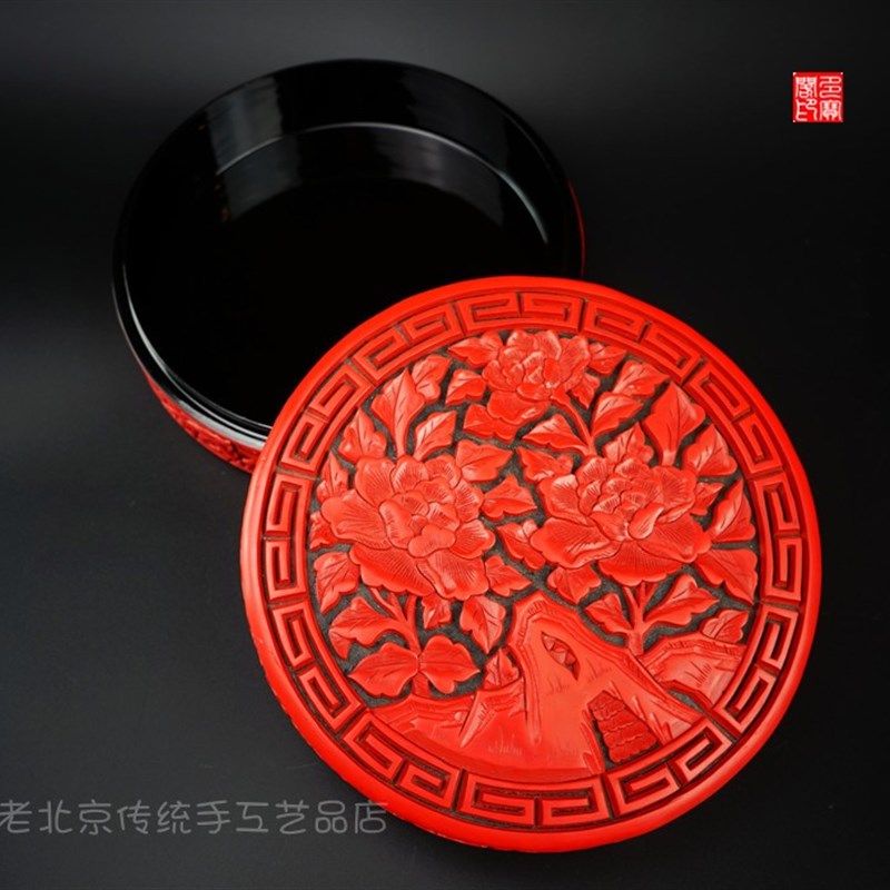 出国特色礼品创汇非遗老货天然大漆漆器剔红纯手工老雕漆捧盒摆