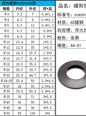 65锰钢黑色蝶形垫圈碟形垫片碟型弹簧垫圈蝶型碟簧锁紧垫圈M3-M40