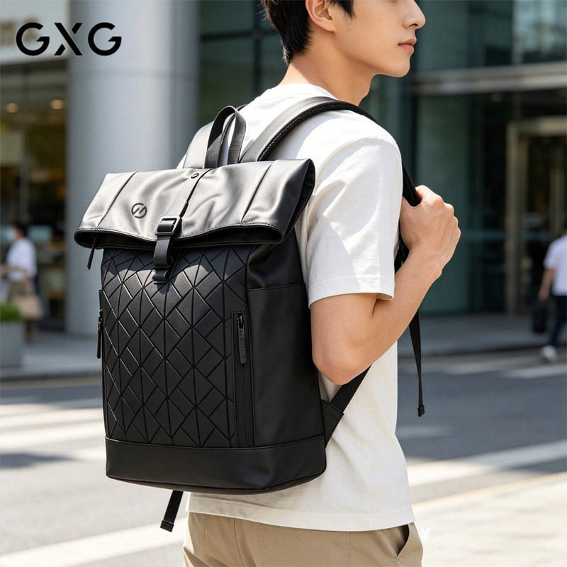 GXG黑色PU双肩包男女大容量双肩背包