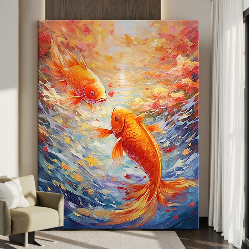 年年有余客厅装饰画锦鲤立体厚玄关式油画好事成双肌理手绘意挂画