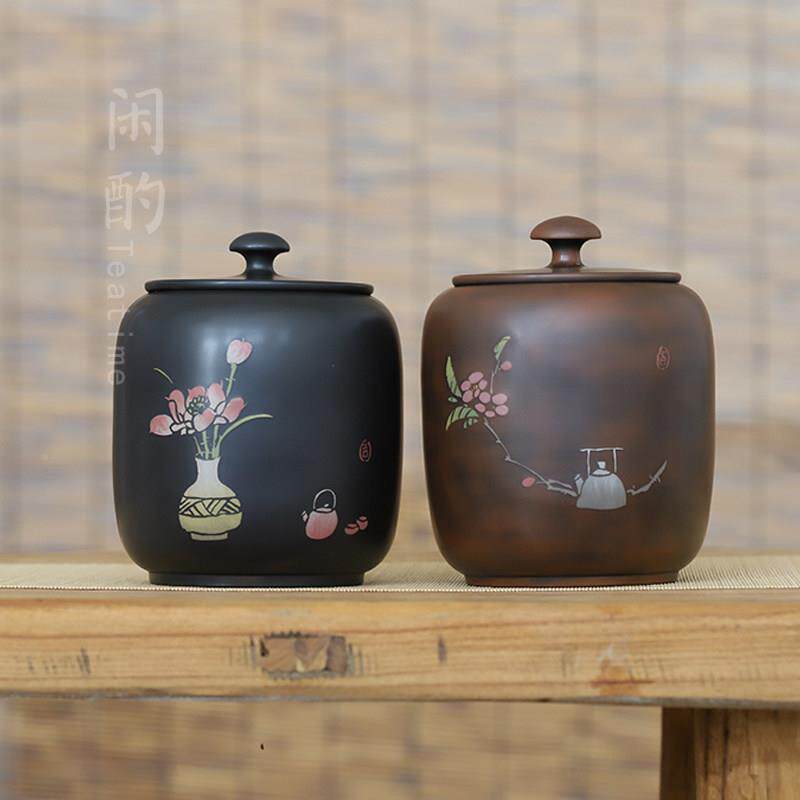 闲酌中式手陶工瓷建水紫醒茶罐彩填陶茶茶叶JS202111罐散熟茶普洱