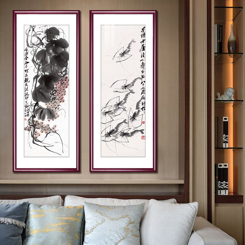 国画齐白石画四联寿桃水墨画新中式客厅装饰画餐厅水果画玄关挂画
