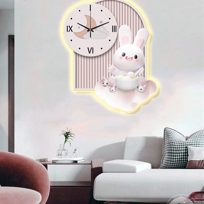 卡通熊钟表画儿童房卧室床头画饭厅挂画时钟挂钟带灯发光画LED灯