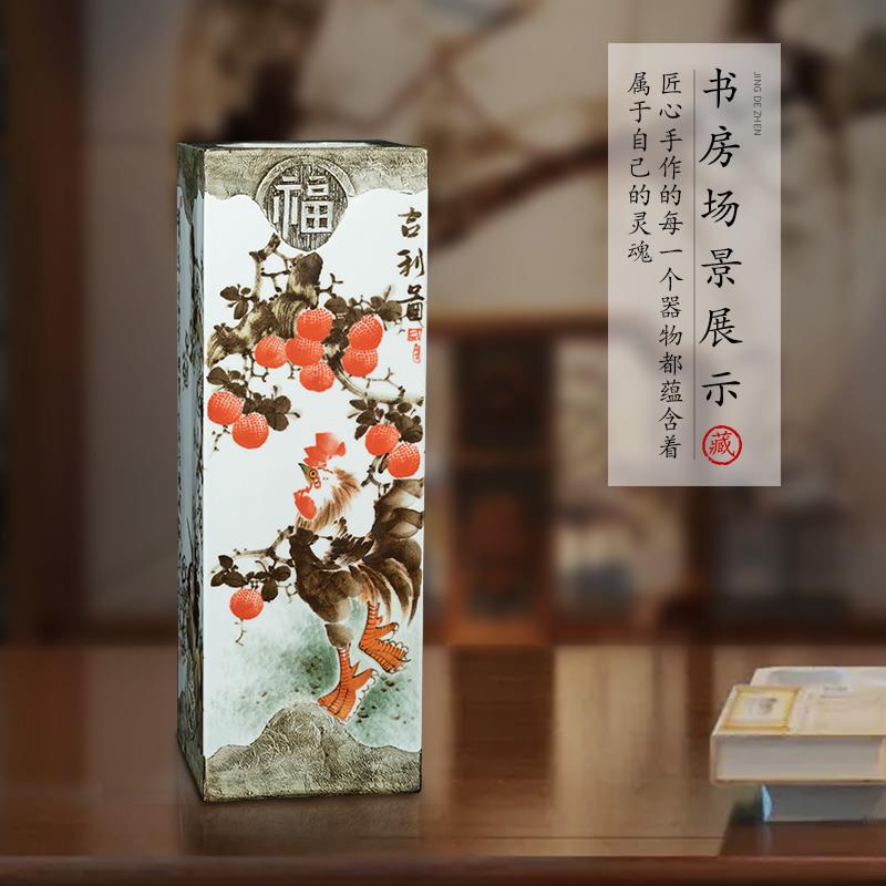 景德镇陶瓷花瓶大师手绘画缸卷轴缸书房字画收纳四方镶器装饰摆件