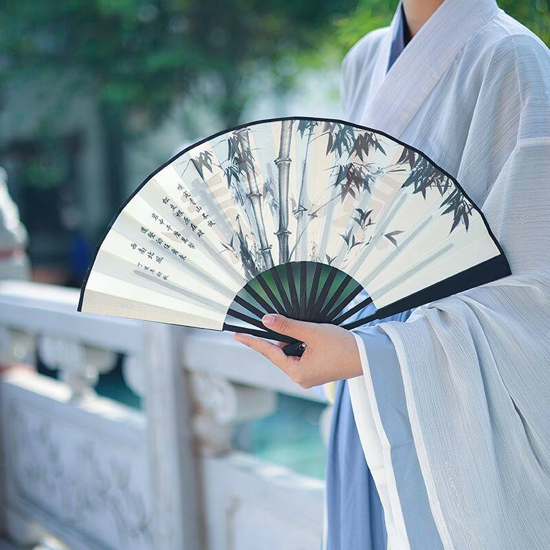 可折叠古风扇子折扇中式霸气绢布竹扇便携男女舞蹈扇复古山水墨画图片