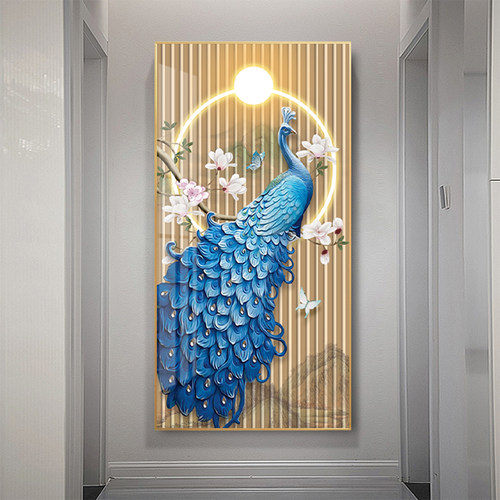 轻奢入户玄关装饰画走廊过道墙画晶瓷简约新中式玄幻挂画吉祥孔雀
