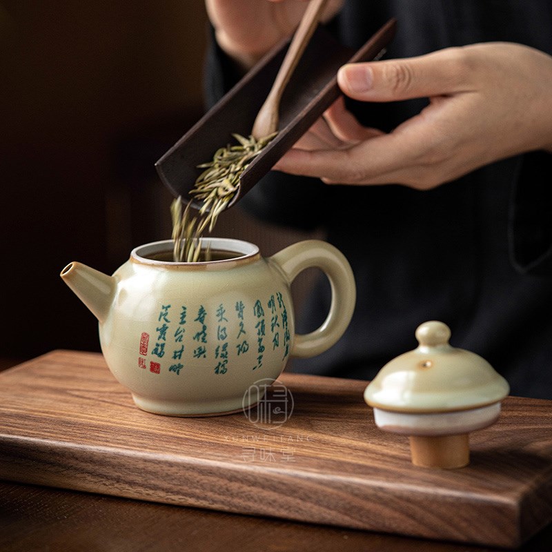 高档秘色汝窑小茶壶复古汝瓷开片壶青花古诗家用陶瓷功夫茶具