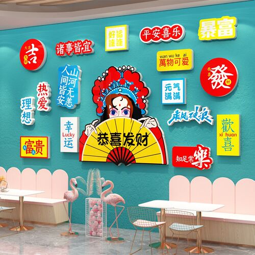 奶茶烧烤店餐饮网红打卡背景墙面装饰画国潮火锅店氛围布置中国风