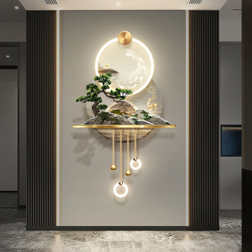 3D立体发财树玄关装饰画轻奢走廊尽头新中式山水画过道九鱼图壁灯