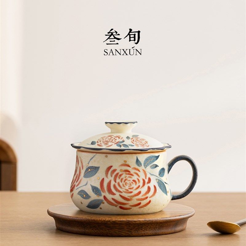 三十年花玫瑰茶咖啡一体式杯陶瓷茶水分离茶杯办公高端咖啡杯水杯图片