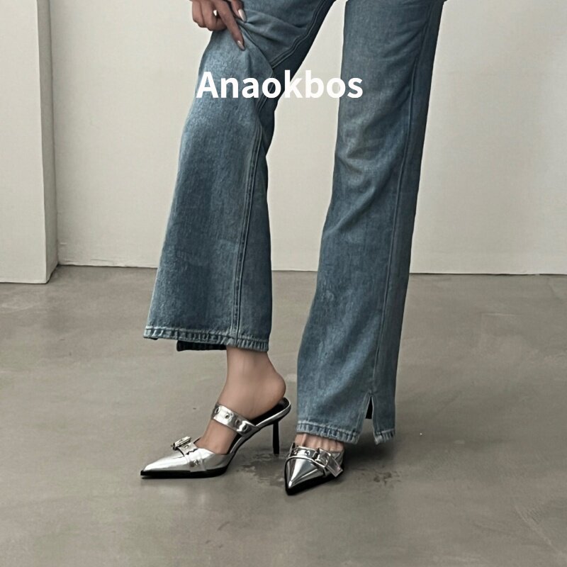 Anaokbos/岸畔尖头细跟皮带扣单鞋女欧美包头银色后空高跟凉鞋