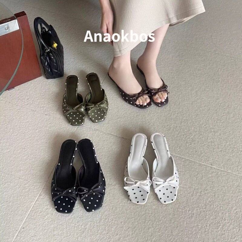 波点蝴蝶结一字拖鞋女夏季外穿大码方头粗跟中跟低跟露趾凉