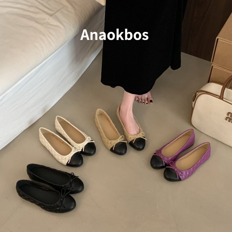 Anaokbos/岸畔法式小香风平底蝴蝶结芭蕾舞单鞋女新款浅口一脚蹬