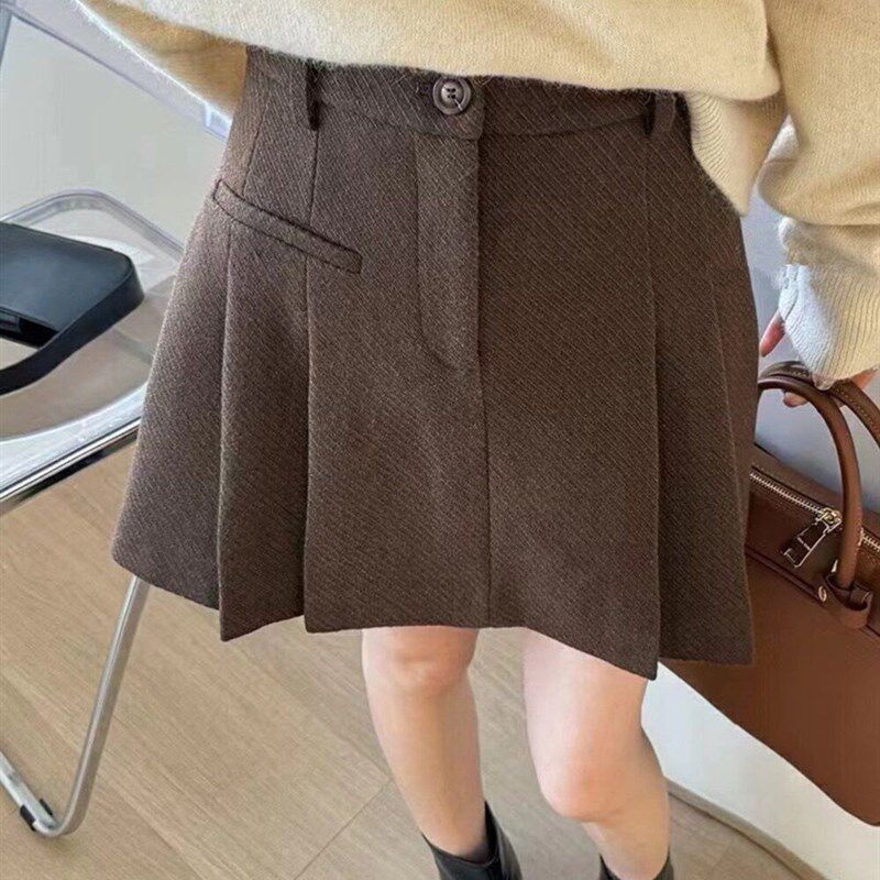 大码咖色毛呢百褶裙女士秋冬新款高腰显瘦jk短裙小个子a字半身裙
