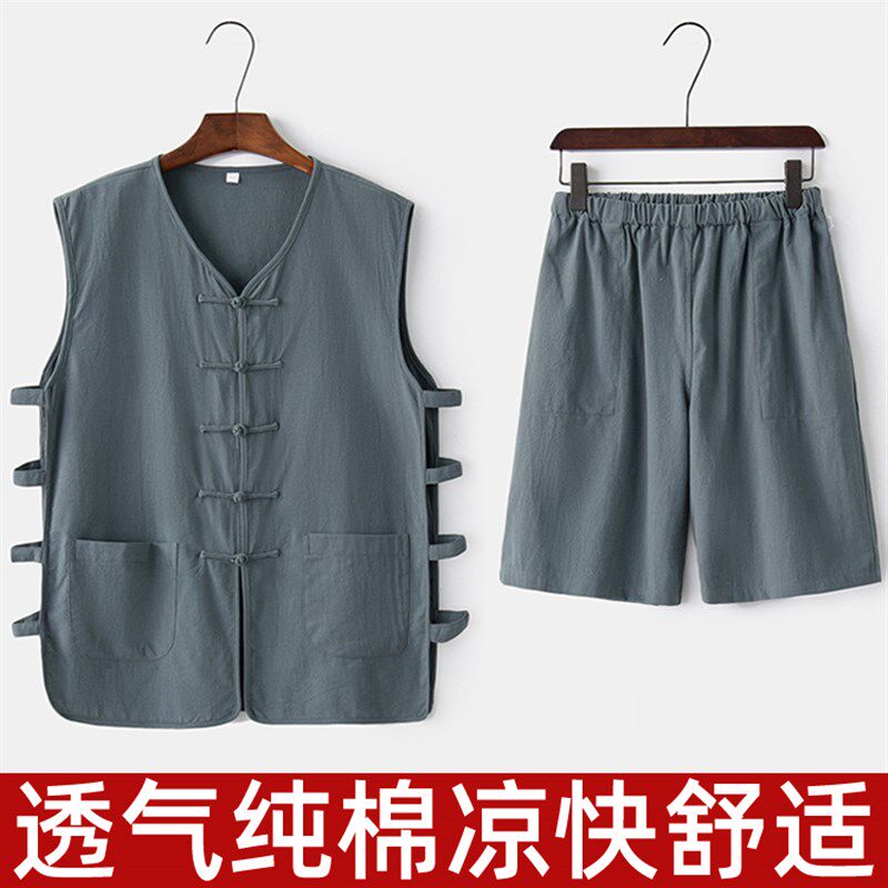 夏季中国风中式纯棉唐装睡衣男复古盘扣大码宽松家居服套装两件套