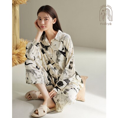 妮狄娅2024情侣睡衣女纯棉长袖翻领男简约休闲开衫春秋家居服套装