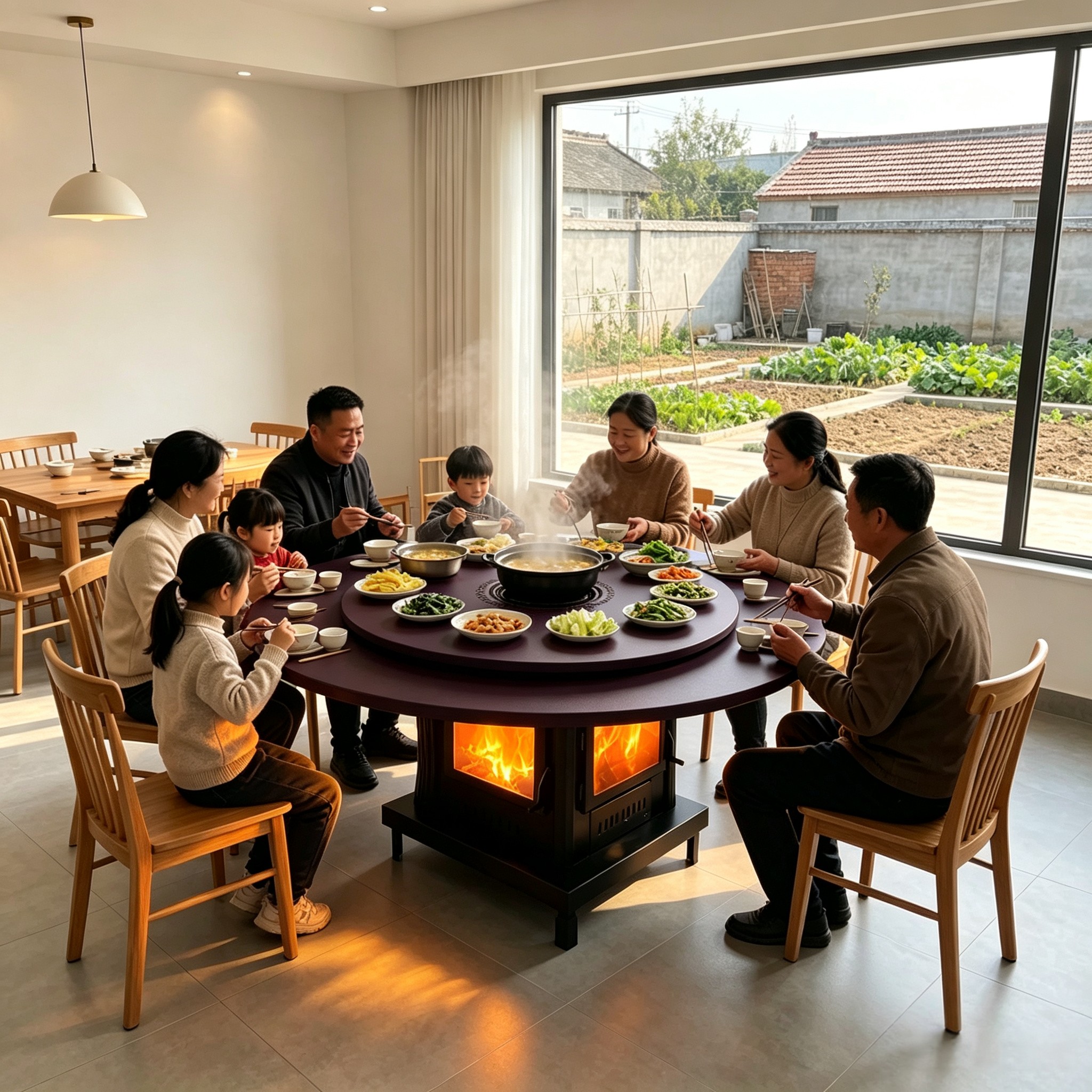 沃贝斯四面观火可旋转圆形餐桌式柴火取暖炉餐厅室内取暖烤火桌