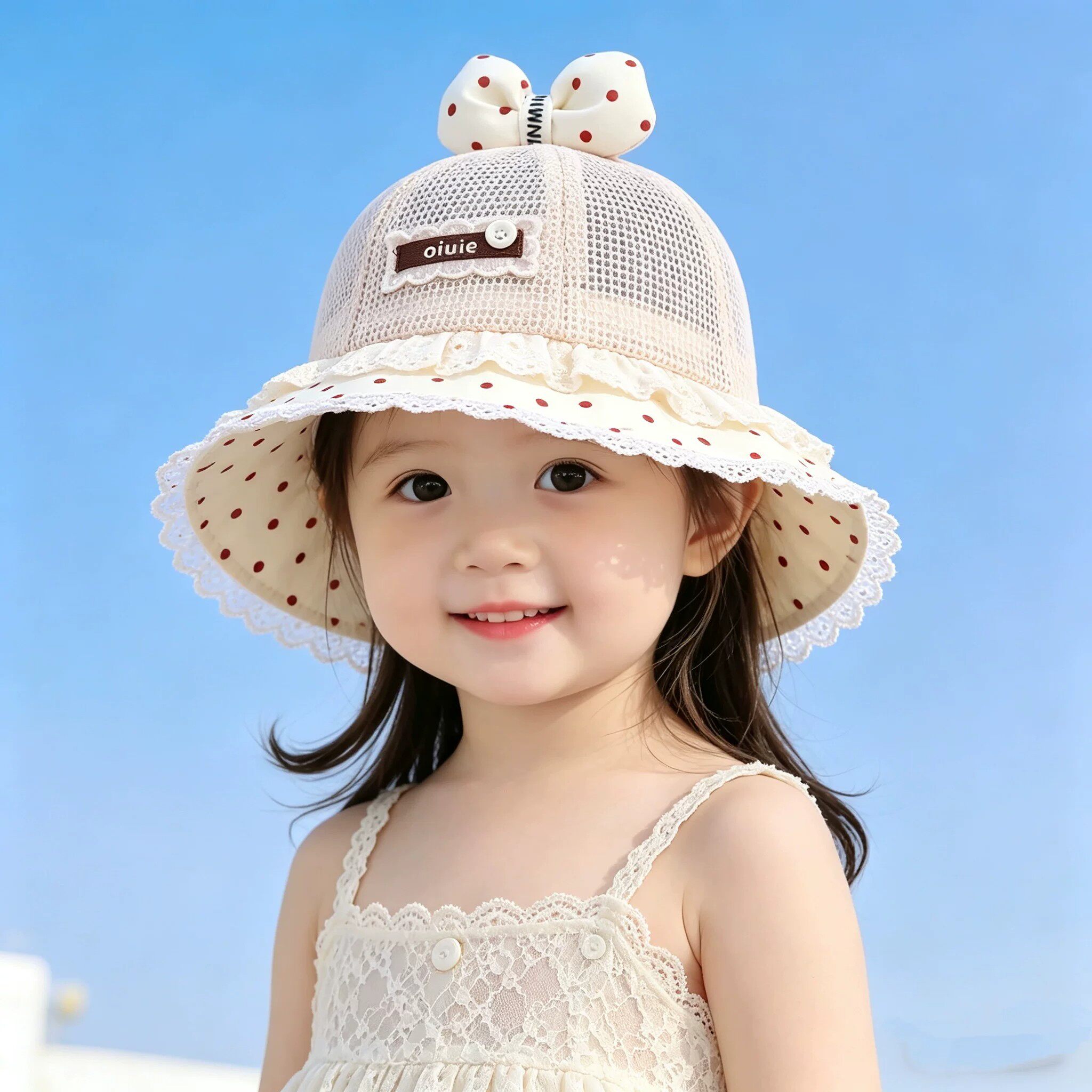婴幼儿帽子夏季网眼透气女童蝴蝶结渔夫帽遮阳防晒宝宝公主风盆帽