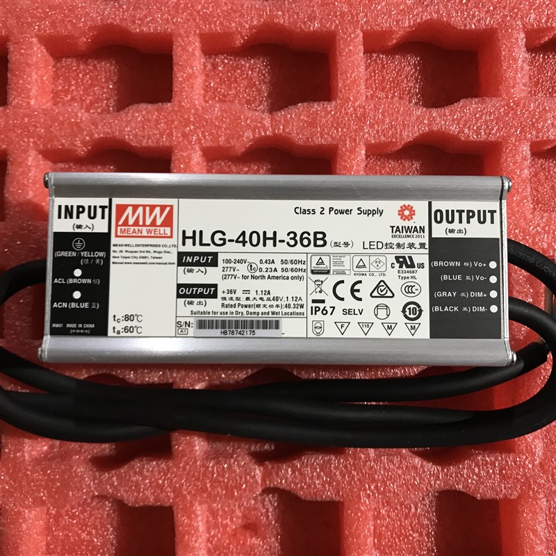 台湾明纬PFC防水调光LED电源 HLG-40H-36B 40W 36V 1.12A全新原装