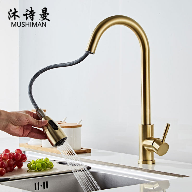 北欧拉丝金厨房抽拉水龙头冷热家用不锈钢洗菜盆水槽金色轻奢龙头