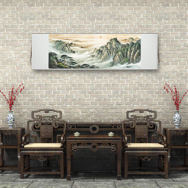 《旭日东升》有山无水迎客松客厅背景墙装饰挂画高清横卷轴字画