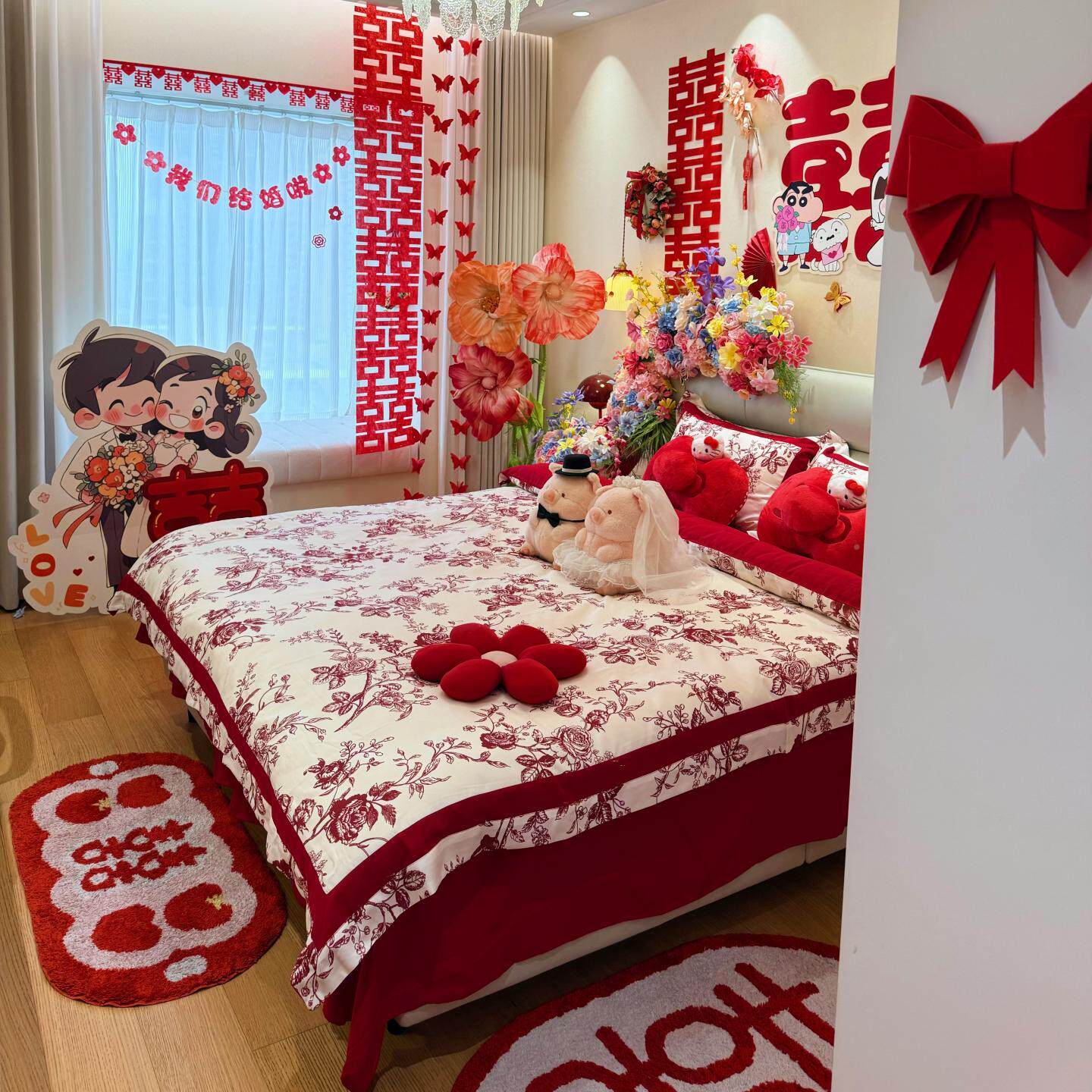 高档新中式印床红花结婚四件套被色FD564S1喜纯棉被套婚庆床单陪