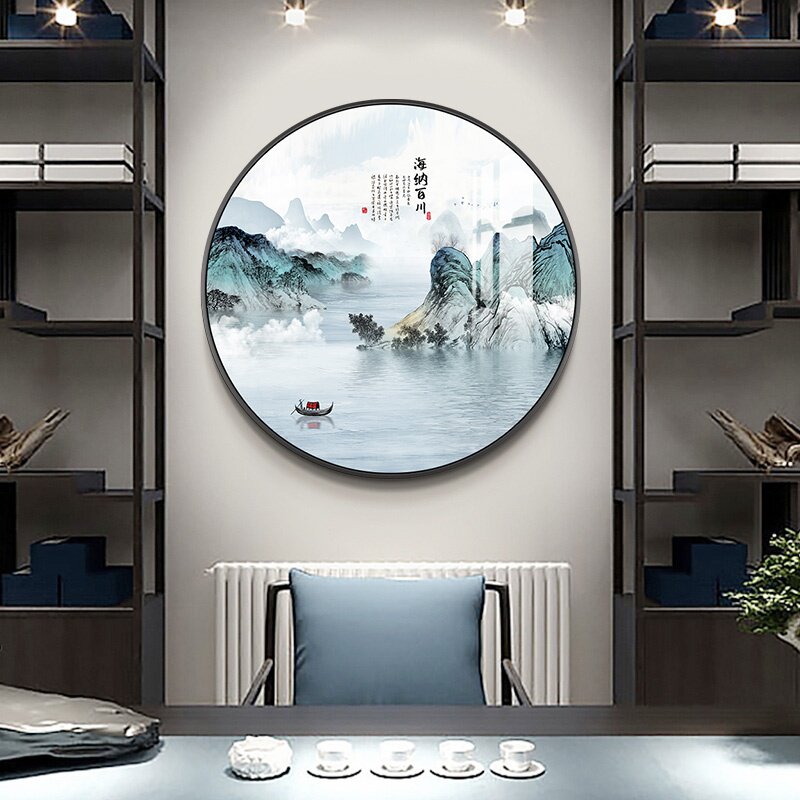 海纳百川山水画客厅玄关装饰画圆形壁画中式中国风餐厅背景墙挂画