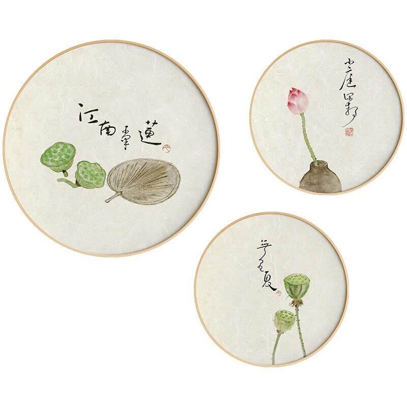 新国风餐厅装饰画景墙画简背约挂画客厅实中木VFD圆形壁画入画口