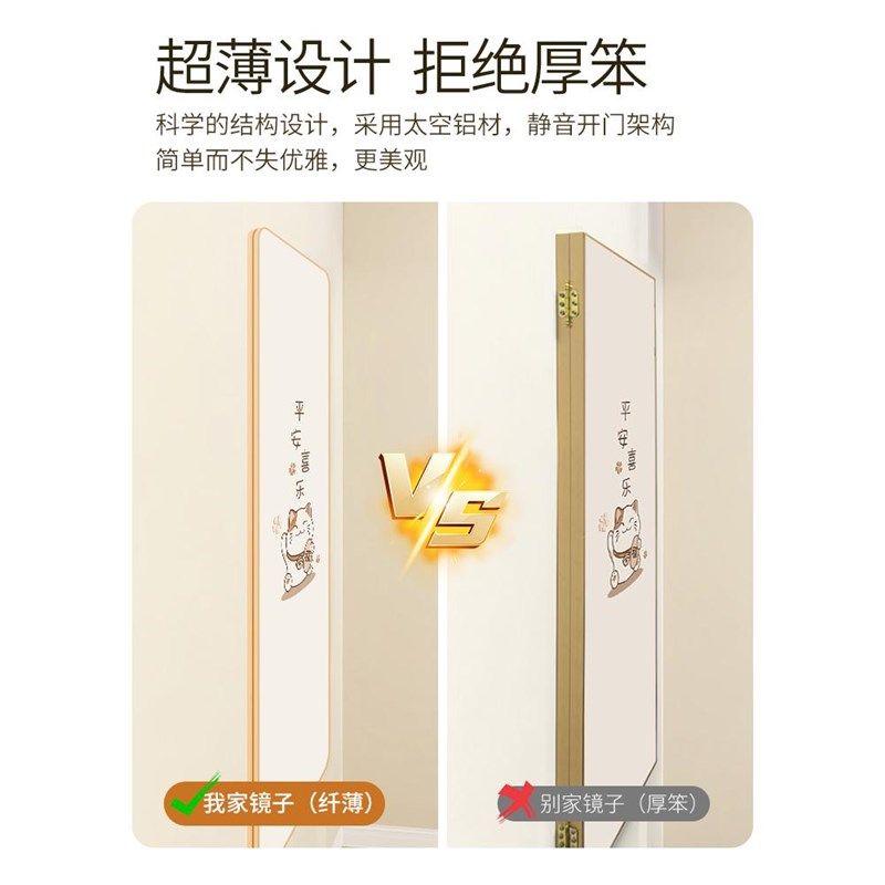 开合式隐藏全身镜超薄圆角隐形开门穿衣镜画暗藏可关闭镜子奶油风