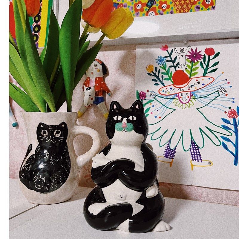 有蒂棵棵小富贵花瓶奶牛猫咪陶瓷摆件客厅餐桌花瓶桌面生日礼物