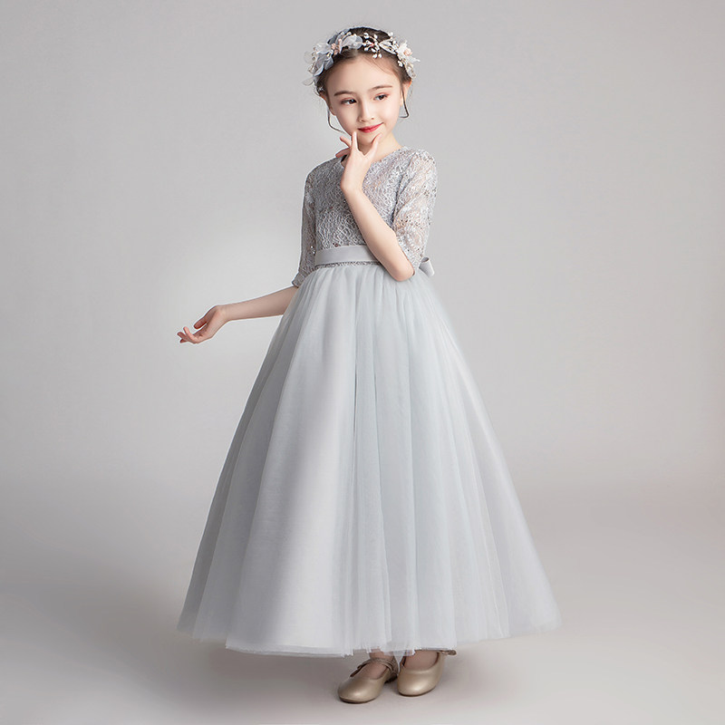 儿童礼服公主裙女童长袖小女孩花童主持人钢琴演出服表演灰色夏季