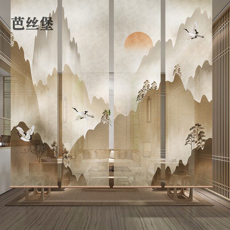中式卷帘窗帘酒店展会茶室餐厅客厅软隔断升降电动悬挂画山水遮光
