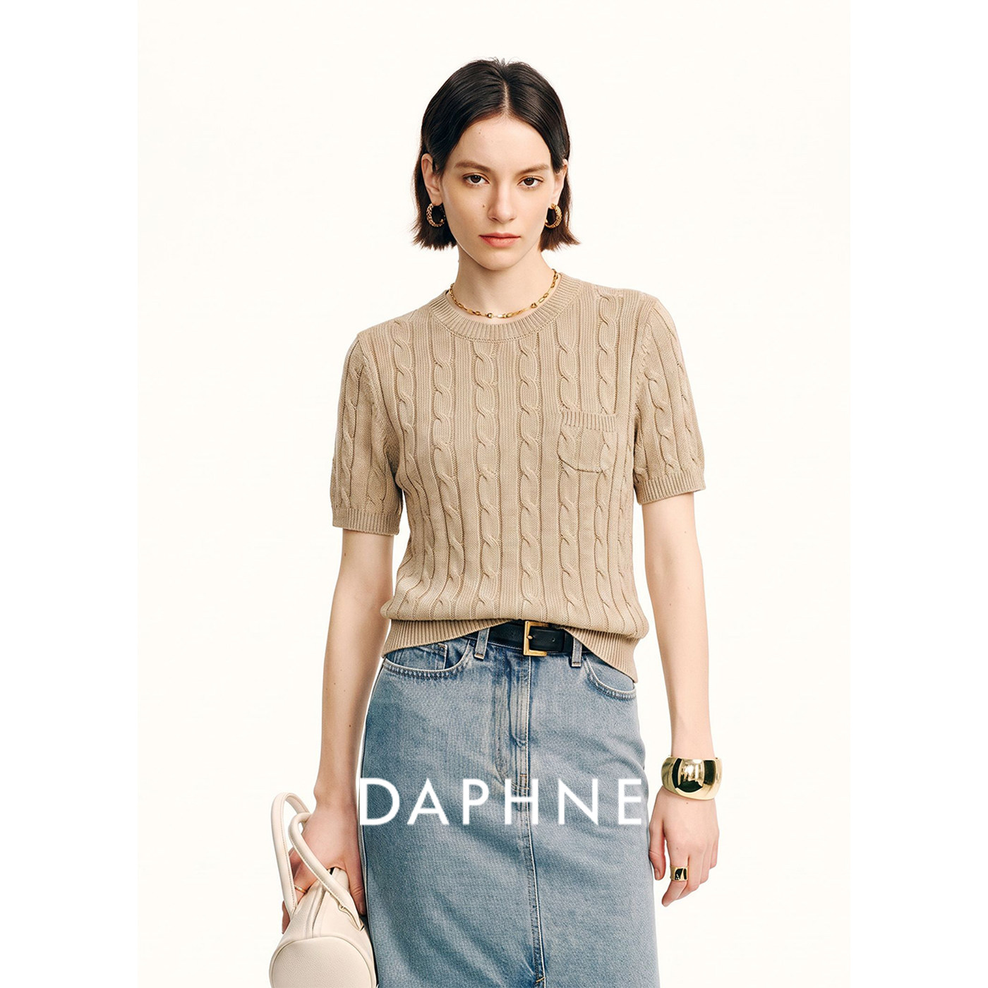 Daphne达芙妮亚麻轻奢麻花针织柔软短袖T恤女夏圆领宽松百搭上衣