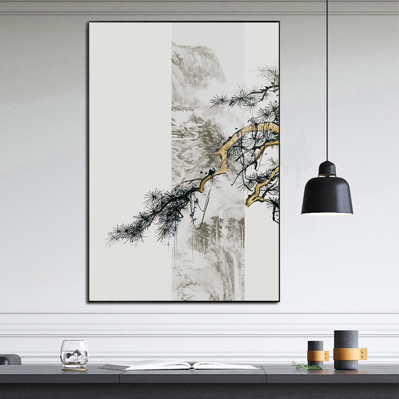 新中式水墨山水迎客松竹子禅意意境国画装饰画棋盘室书房挂画玄关