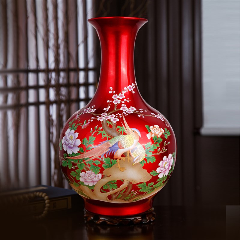 景德镇陶瓷器新中式中国红锦上添花家居客厅婚庆装饰工艺花瓶摆件