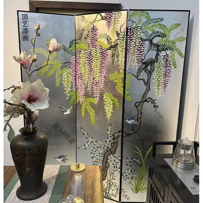 新中式手绘紫藤花金箔银箔漆画屏风茶室隔断客厅玄关折屏屏风定制