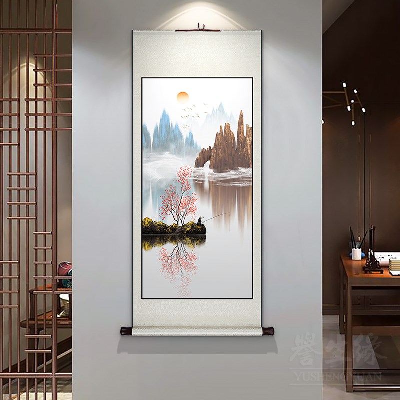 新中式卷轴挂画竖版玄关走廊过道装饰画创意山水画餐厅书房墙壁画