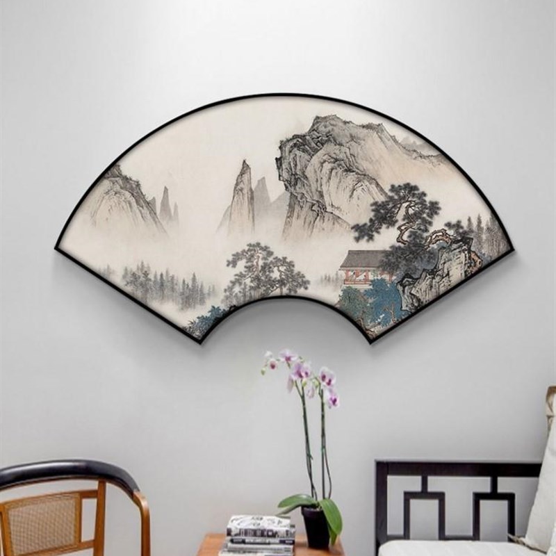 网红山水画客挂画中国风装背饰画画国沙发景玄墙壁画办公室扇形厅